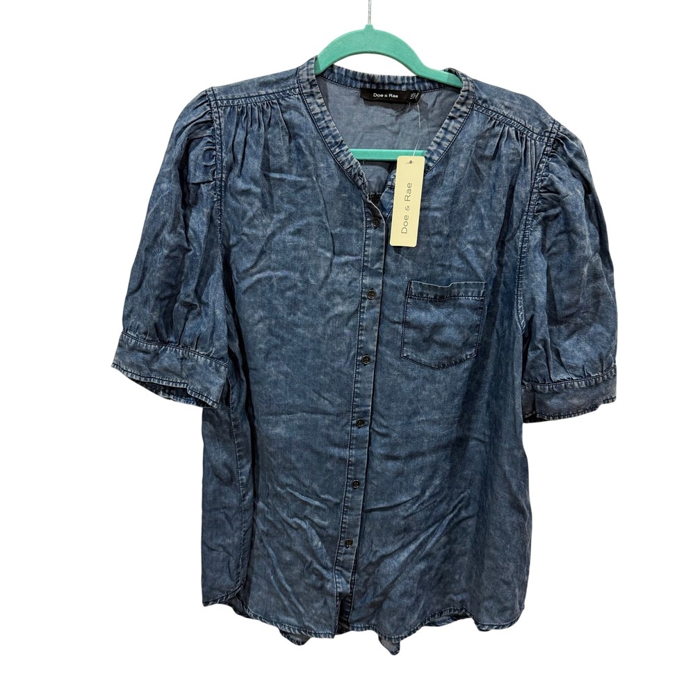 Doe & Rae Women 1XL Blue Acid Wash Tencel Puff Short Sleeve Button Down Blouse